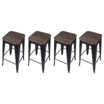 Metal Black Bar Stools With Wooden Seat, Set of 4