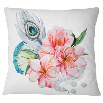 Flowers and Peacock Feather Floral Throw Pillow, 16"x16"