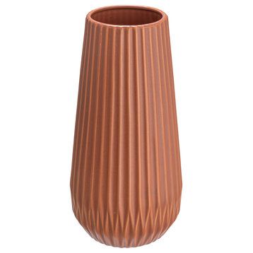 Round Stoneware Fluted Vase With Embossed Lines, Matte Terracotta