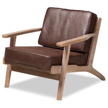 Woodard Dark Brown Faux Leather Effect Upholstered Antique Oak Wood Armchair