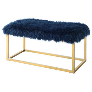 Elegant Accent Bench, Gold Finished Metal Frame With Soft Faux Fur Seat, Navy