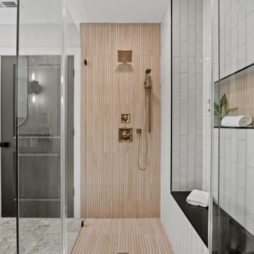 Modern Shower with Vertical Wood Tile and Bench