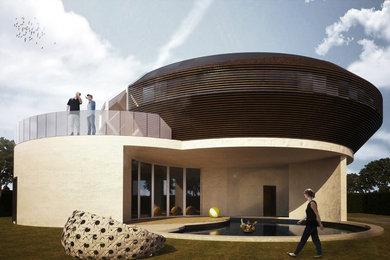 Immagine della villa grande multicolore contemporanea a due piani con rivestimenti misti, tetto piano e copertura mista