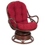 OSP Home Furnishings - Kauai Rattan Swivel Rocker Chair, Red Fabric and Brown Frame - Kick back and relax with our Kauai Rattan Swivel Rocker. This woven rattan rocker will turn up the wow factor in any room. A great seating option for watching movies, gaming or just kicking back and taking it easy. Plush poly-fill cushion with channel pocket stitching, in 100% Polyester, creates billowing comfort. Simply tie cushion onto solid rattan and woven frame. Smooth ball bearing swivel action and relaxing rocking motion will ease away the day's stresses while adding natural Boho style to your home. Simply untie the ample removable cushion and shake out to fluff up for years of sublime, cozy comfort.