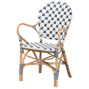 Baxton Studio Bryson Modern French Blue and White Weaving and Natural Rattan...