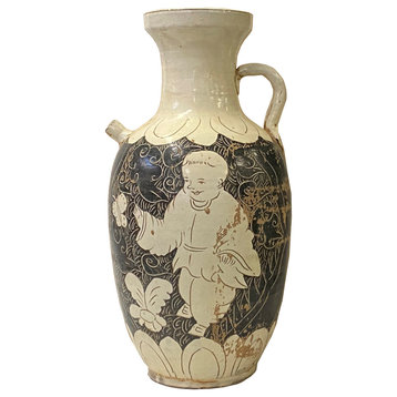 Chinese Cizhou Ware Ceramic Tan Underglaze Graphic Vase Jar Hws2943