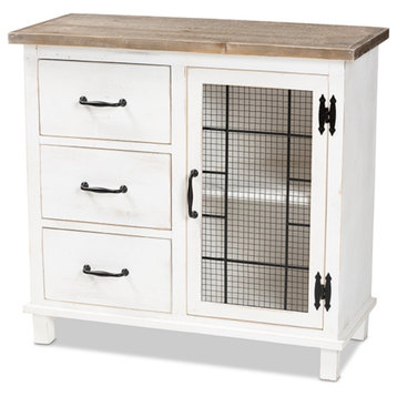 Two-Tone Distressed White and Oak Brown Finished Wood 3-Drawer Storage Cabinet