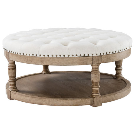 36" Wide Tufted Round Cocktail Ottoman With Storage, Ivory