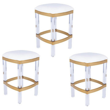 Home Square 3 Piece Acrylic and Polished Brass Counter Stool Set in White