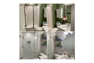 Example of a mid-sized transitional gray tile and marble tile ceramic tile, gray floor and single-sink bathroom design in Dallas with shaker cabinets, blue cabinets, a two-piece toilet, gray walls, an undermount sink, quartzite countertops, a hinged shower door, beige countertops and a built-in vanity