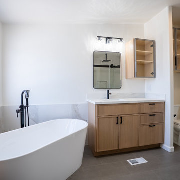 Modern Scandinavian Bathroom: Wood, White & Matte Black