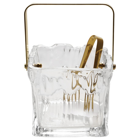24-Ounce Textured Glass Ice Bucket With Gold Finish Handle and Tongs, Clear/Gold