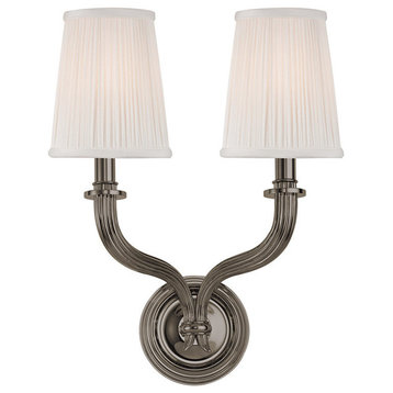 Danbury, Two Light Wall Sconce, Antique Nickel Finish, Off White Silk Shade