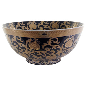 Chinese Black and Gold Tapestry Porcelain Bowl, 14" Diameter