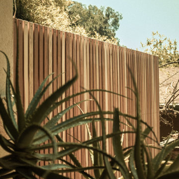 Wood slatted fencing and gate