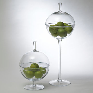 Elegant Clear Sphere Art Glass Covered Jar Bowl Lid Pedestal UFO Footed Round