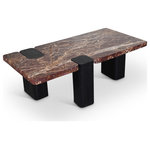 Meridian Furniture - Ravenna Marble and Oak Wood Table, Burgundy, Black, Coffee Table - A bold fusion of rich materials, the Ravenna burgundy genuine marble top and black oak wood base coffee table showcases burgundy red cherry-colored marble with striking veining. Its handcrafted marble surface is beautifully balanced by a black finish oak wood base, blending warmth with architectural form. Rooted in Art Deco influence, this statement piece is designed to elevate any space with sculptural elegance.