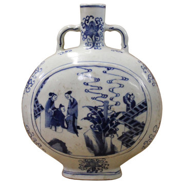 Chinese Blue White Porcelain People Graphic Oval Flat Body Vase Hws376