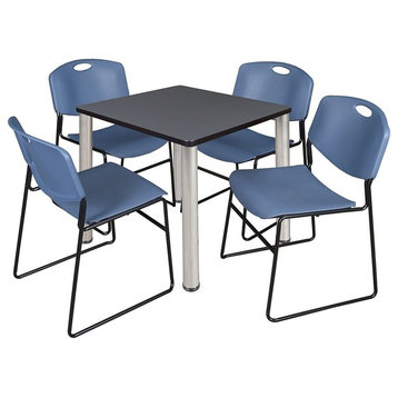 Kee 30" Square Breakroom Table, Gray/ Chrome and 4 Zeng Stack Chairs, Blue