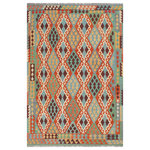 Bareens Designer Rugs - Southwestern Turkish Kilim Stefania Hand-Woven Wool Rug-5'11'' x 7'9'' - Elevate the elegance of your home with this stunning hand-woven tribal Kilim wool rug. Meticulously crafted on a loom by the Nomad Turkman people using hand-spun wool and 100% natural vegetable dyes, these rugs are recognized for their repetitive geometric patterns, incorporating naturalistic floral and traditional designs. The contemporary fashion palette results in bold, sharp patterns that are incredibly versatile, as the pattern is the same on both sides. These reversible rugs feature a lighter shade on one side and brighter colors on the other, providing versatility according to preference. These unique rugs are made by knotting short strands of different colors onto the warps and securing them by tightly pressing the wefts. The designs are created by interweaving the various colored wefts and warps. Kilims are known for their exceptional durability and versatility, making them truly unique rugs.  Product Details    Rug Size: 5'11'' x 7'9''  Material: 100% Wool  Style: Kilim, Flat Weave, Dhurrie, Turkish, Southwestern, Rustic, Tribal  Colors: Rust, Blue  Weave Type: Hand-Woven, Handmade  Pile Height: Less than 0.25 inch
