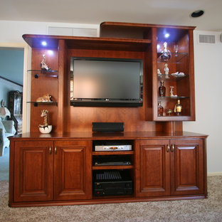 Photo of a medium sized classic open plan home cinema in Philadelphia with white walls, carpet and a built-in media unit.