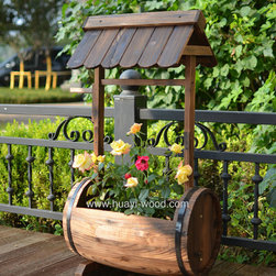 Antique Wooden Wishing Well Barrel Planter - Outdoor Pots And Planters