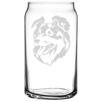 Australian Shepherd, Aussie Dog Themed Etched All Purpose 16oz. Libbey Can Glass