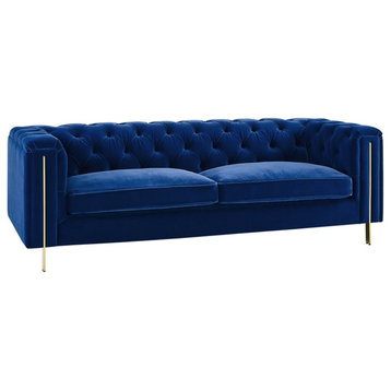 Bowery Hill Modern / Contemporary Velvet Button Tufted Sofa in Blue Finish