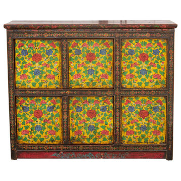 Antique Painted Floral Tibetan Cabinet