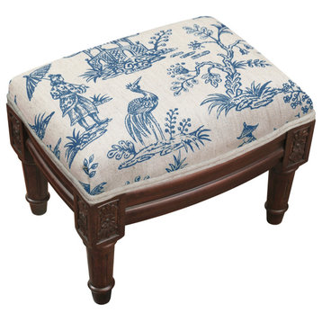 Cathay-Taupe, Linen Upholstered Footstool, Navy Blue