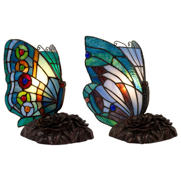 Tiffany Style Butterfly Table Lamp Set of 2 Stained Glass Desk or Night Lamps