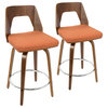 Trilogy Mid-Century Modern Counter Stool in Walnut and Orange Fabric-Set of 2