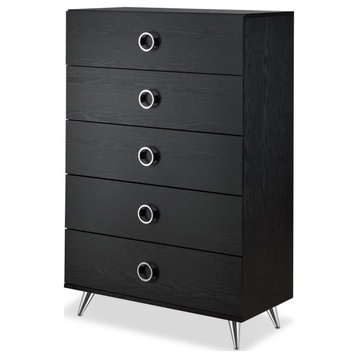 Contemporary Dresser, 5 Drawers With Silver Ring Pulls & Angled Legs, Black