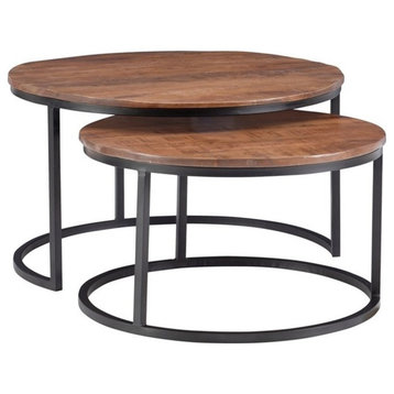 Linon Mina Round Wood Nesting Coffee Tables (Set of 2) in Black Matte Iron