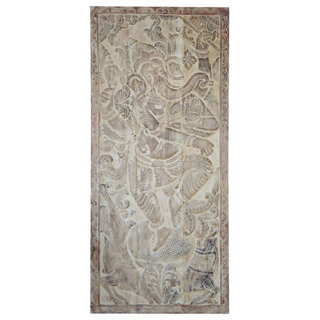 Consigned Dancing Ganesha on Lotus, Whitewashed Ganesh Sliding Door