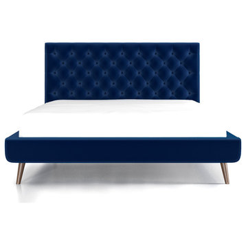 Westerman Midcentury Velvet Tufted Solid Wood Platform Bed, Blue, Queen