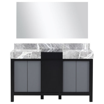 55" Double Vanity, Marble Tops, White Square Sinks, And 53" Frameless Mirror