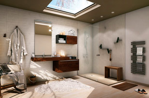 Inspiration pour une grande salle de bain principale nordique en bois clair avec une douche à l'italienne, un carrelage beige, un mur blanc, un plan vasque, un sol beige, une cabine de douche à porte coulissante, un plan de toilette en bois, un plan de toilette marron et meuble simple vasque.