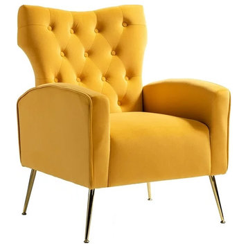 Elegant Accent Chair, Golden Legs With Velvet Seat and Tufted Wingback, Mustard