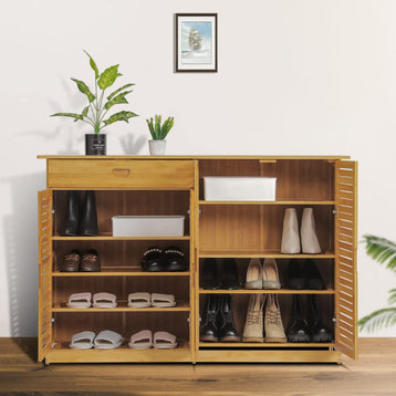 Classic Shoe Cabinet, Bamboo Construction With Shutter Doors and Drawer, Natural