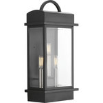 Progress Lighting - Progress Lighting Santee 3-Light, Black Large Wall-Lantern - A classic wall lantern with contemporary touches describes Santee. Featuring a geometric frame and graphic handle, the wider beveled glass offers more refraction and visual interest than typical lantern designs and a Black frame with stainless steel candles.