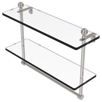 Mambo 16" Two Tiered Glass Shelf with Towel Bar, Satin Nickel