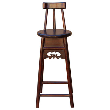Quality Handmade Chinese Dark Brown Solid Elm Wood Bar Stool With Back hwk2592