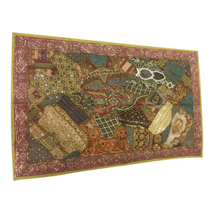 Mogulinterior - Consigned, Brown Wall Hanging Hand Made Embroidered Vintage Boho Tapestry - Tapestries