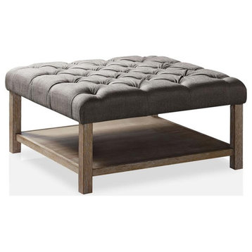 Furniture of America Hoylton Wood Tufted Ottoman in Natural Tone and Light Gray