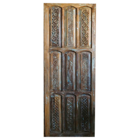 Consigned Carved Wooden Sliding Barn Door Blue Rustic Modern Door 96