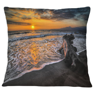 Log on Beach During Sunset Seashore Throw Pillow, 16"x16"