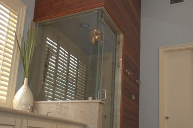 Inspiration for a large contemporary master white tile and stone tile ceramic tile bathroom remodel in Dallas with raised-panel cabinets, white cabinets, marble countertops and blue walls