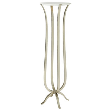 Open Curving Silver Nickel Metal Pedestal Table White Marble Top, Large