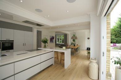 Zweizeilige Moderne Wohnküche mit integriertem Waschbecken, weißen Schränken, Quarzit-Arbeitsplatte, Elektrogeräten mit Frontblende, hellem Holzboden und Kücheninsel in Hertfordshire